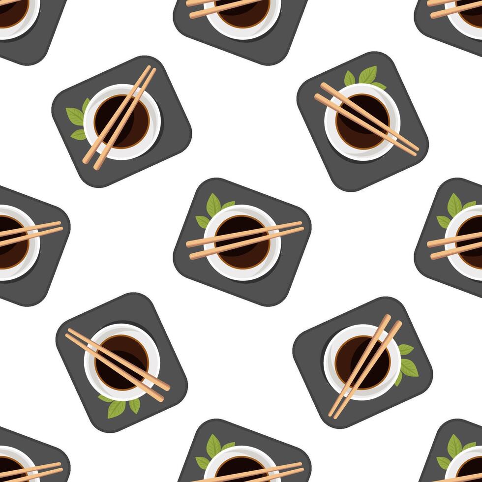 Seamless pattern with soy sauce and chopsticks on white background, modern illustration vector