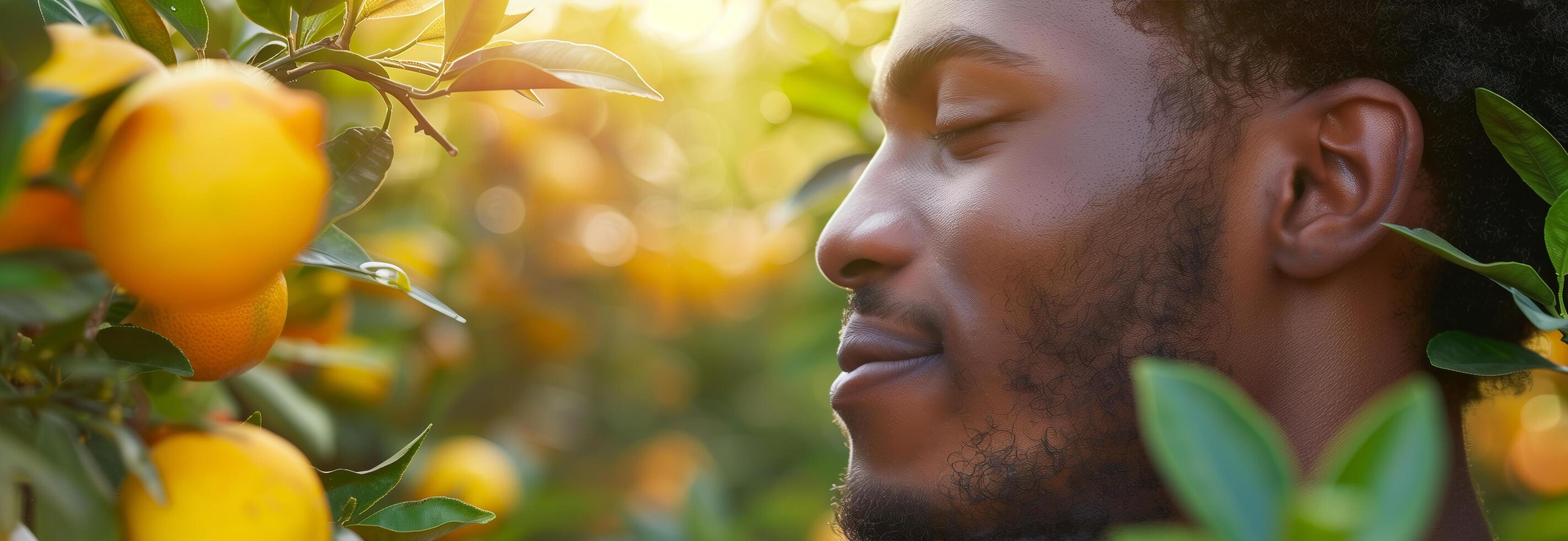 A man is smelling oranges in an orchard photo