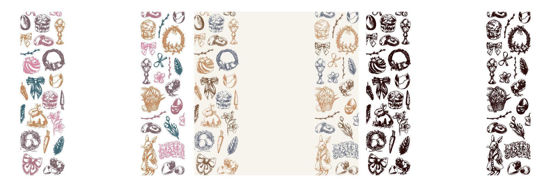 easter vertical border set with bunny, eggs, flowers, hand drawn vintage sketch vector