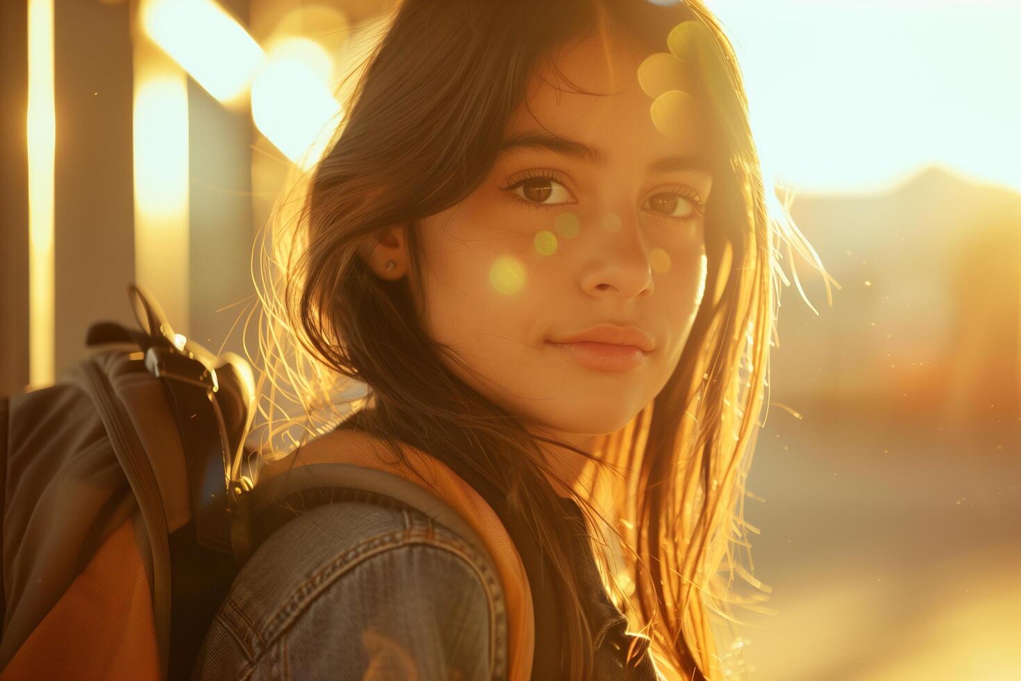 A young woman with a backpack and a smile photo
