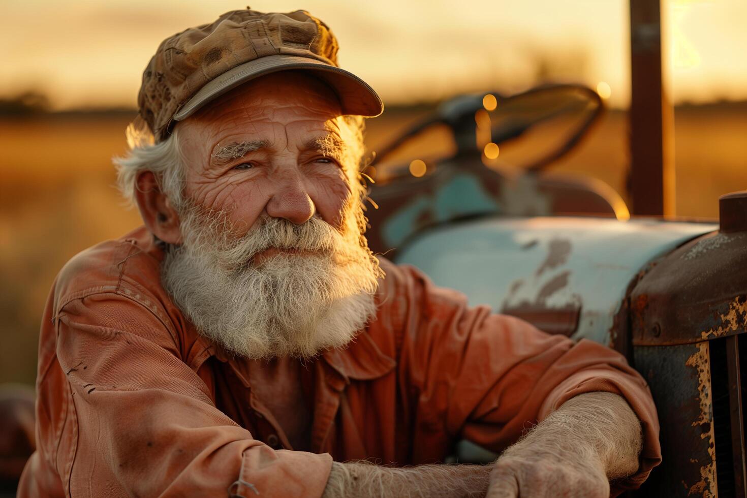 An old man with a beard and hat sitting on a tractor photo