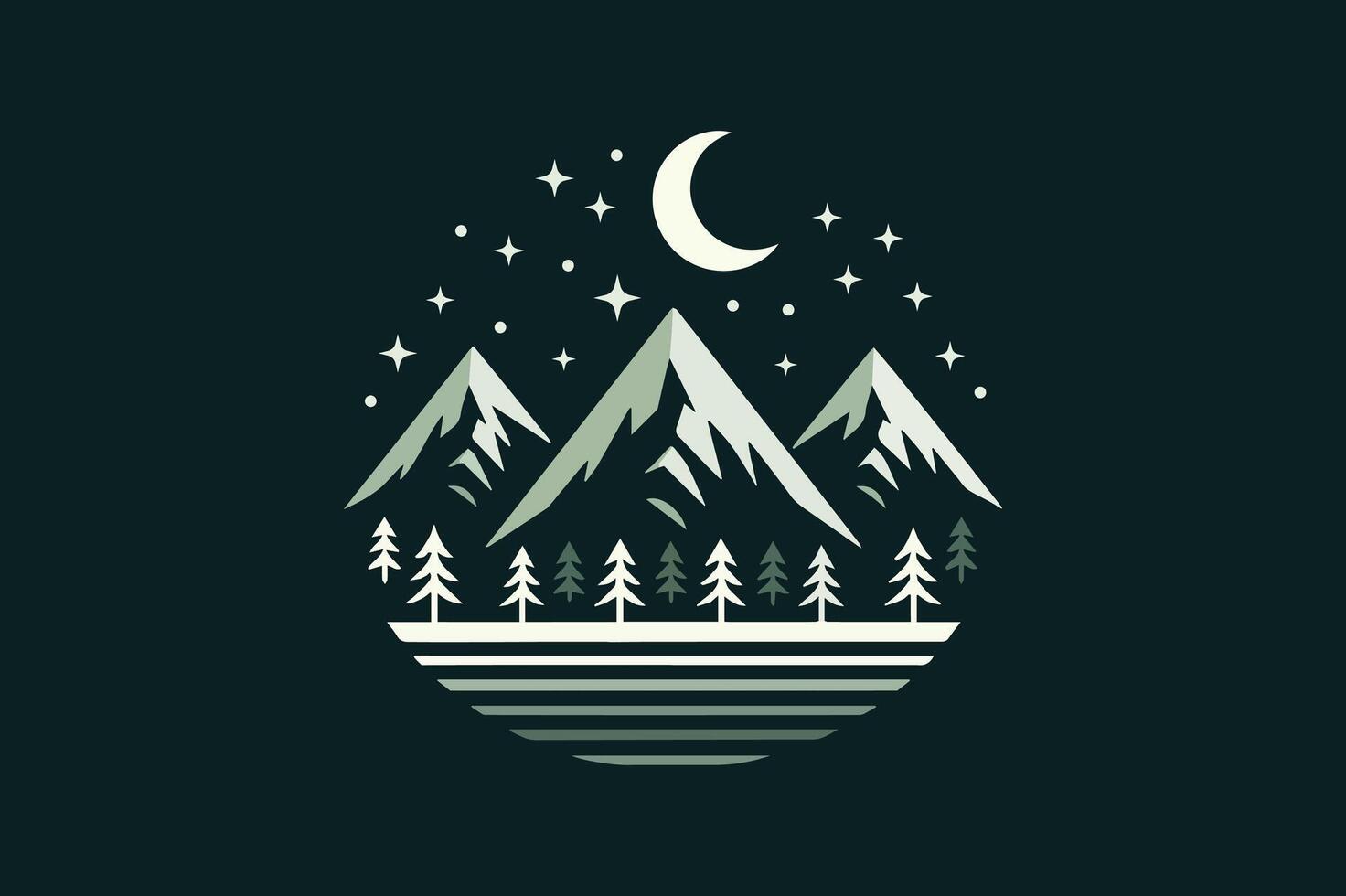 A night view illustration of mountains and trees moon and stars vector