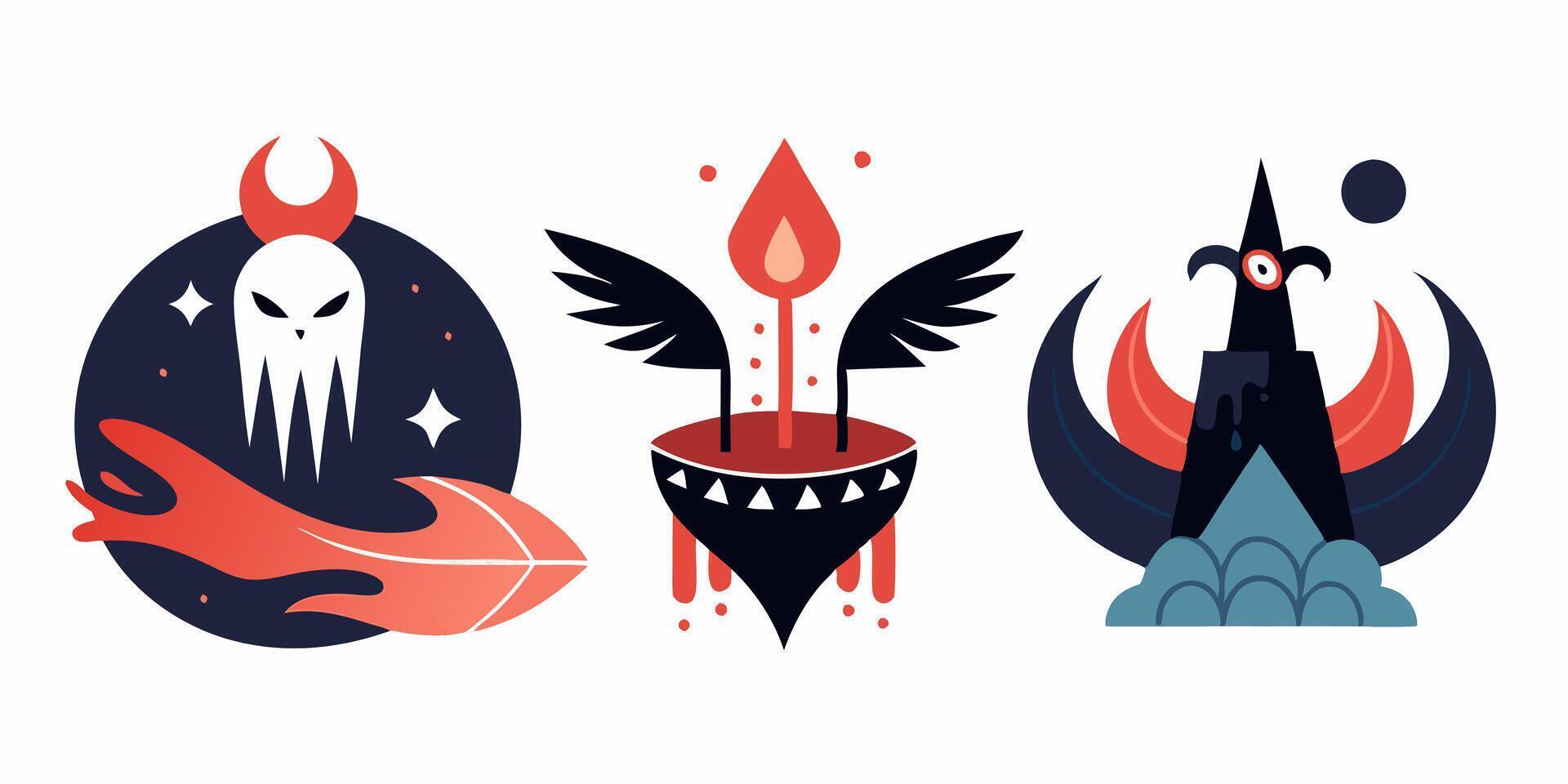 Three different designs of a demon, a witch and a castle vector