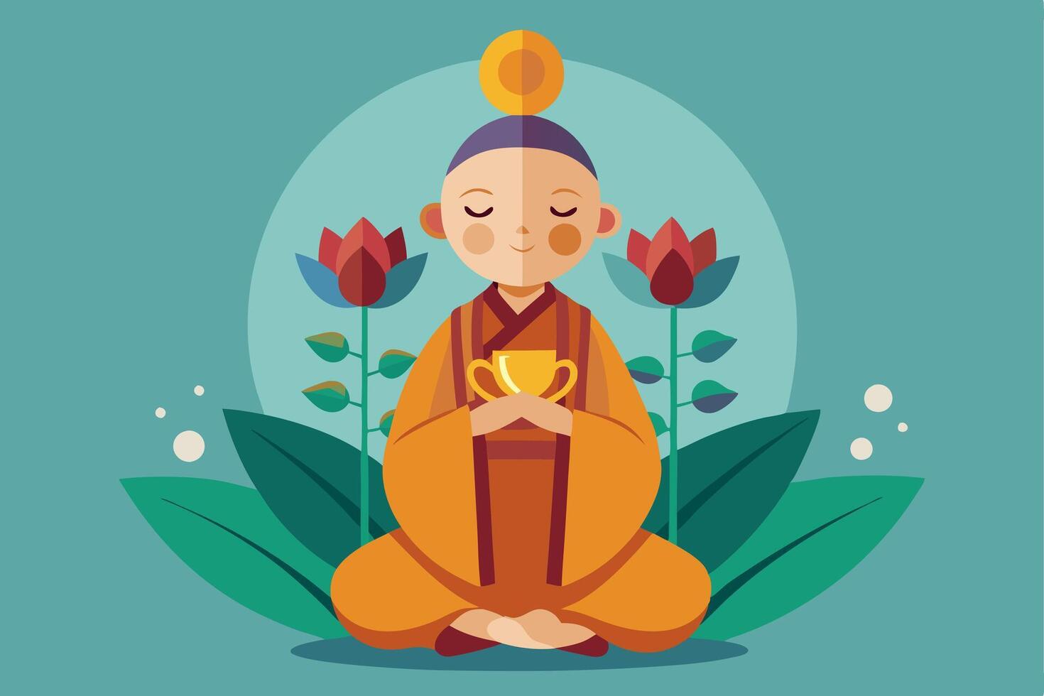 A buddha sitting in meditation with a cup of tea vector