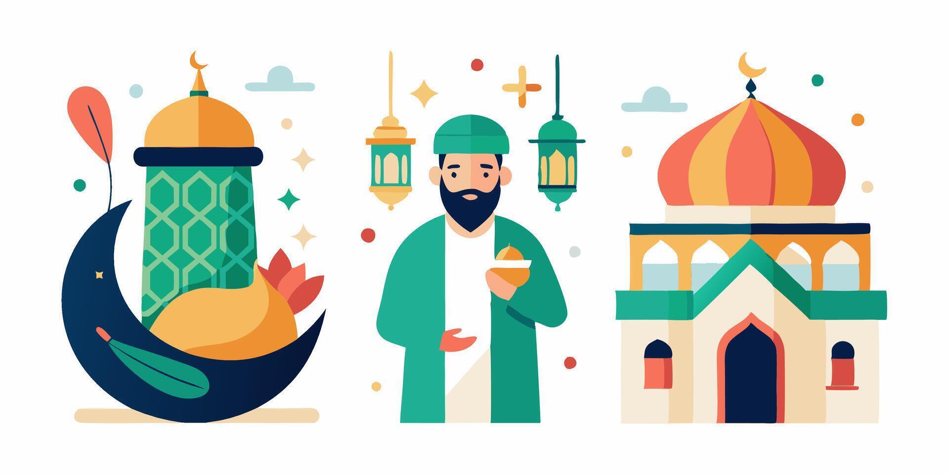 Islamic illustration with a man in a mosque and a mosque vector