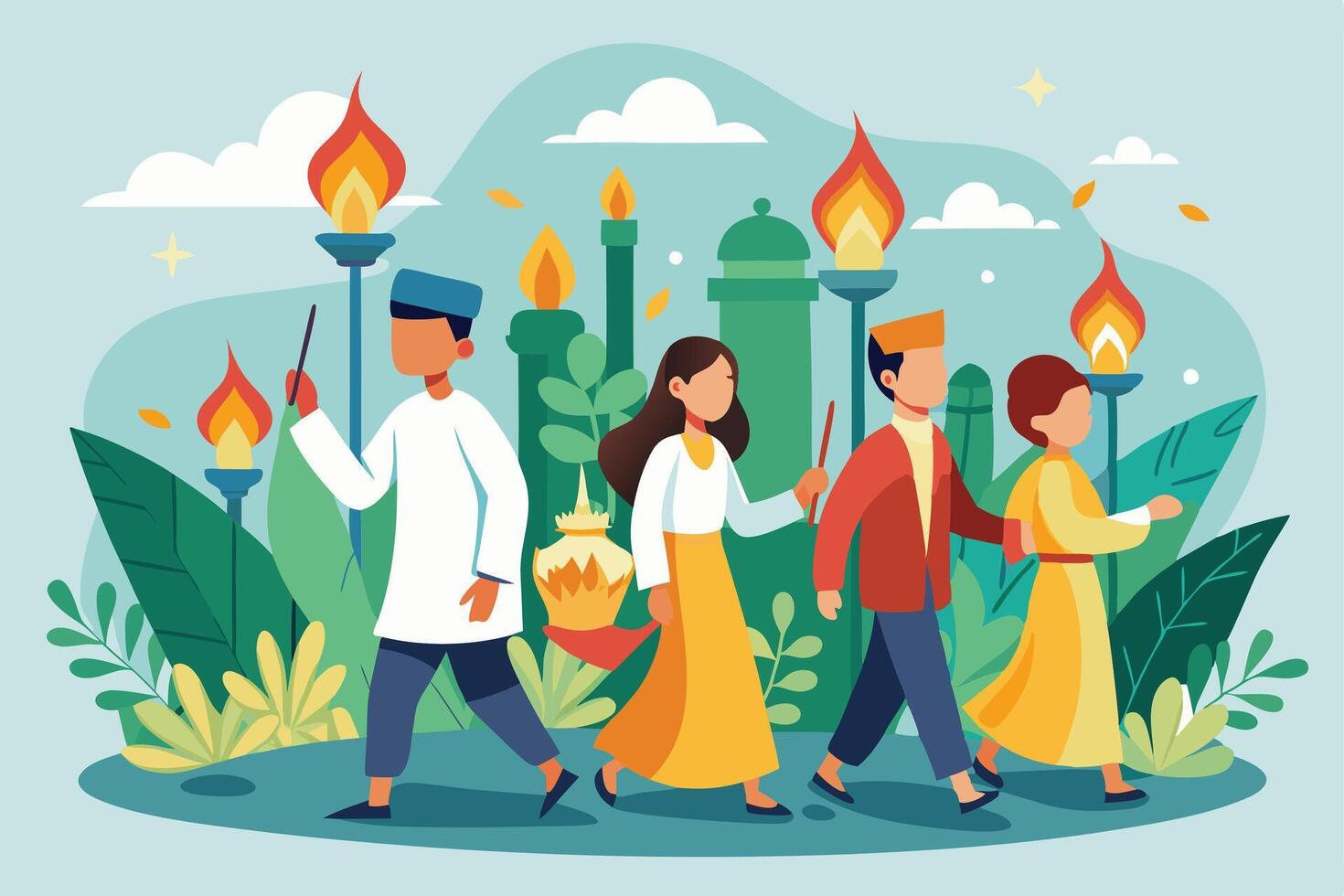 A group of people dressed in traditional clothing are walking with torches vector