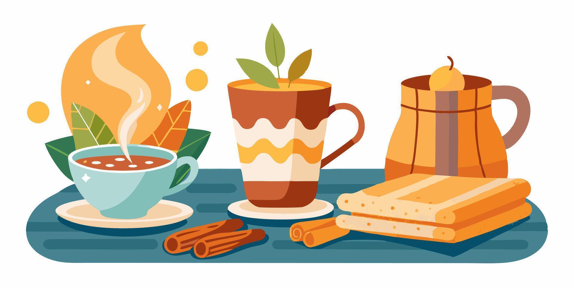 Hot drinks and food on a table vector