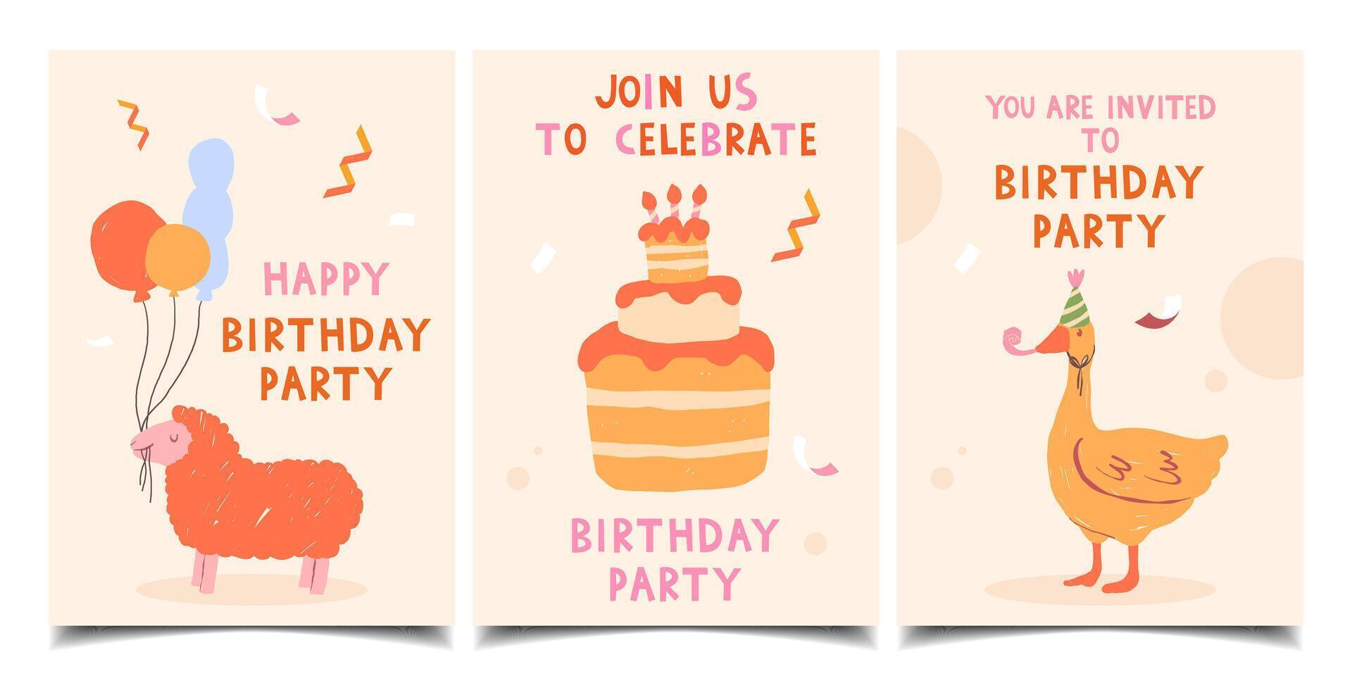 Set of birthday cards with hand-drawn animals vector
