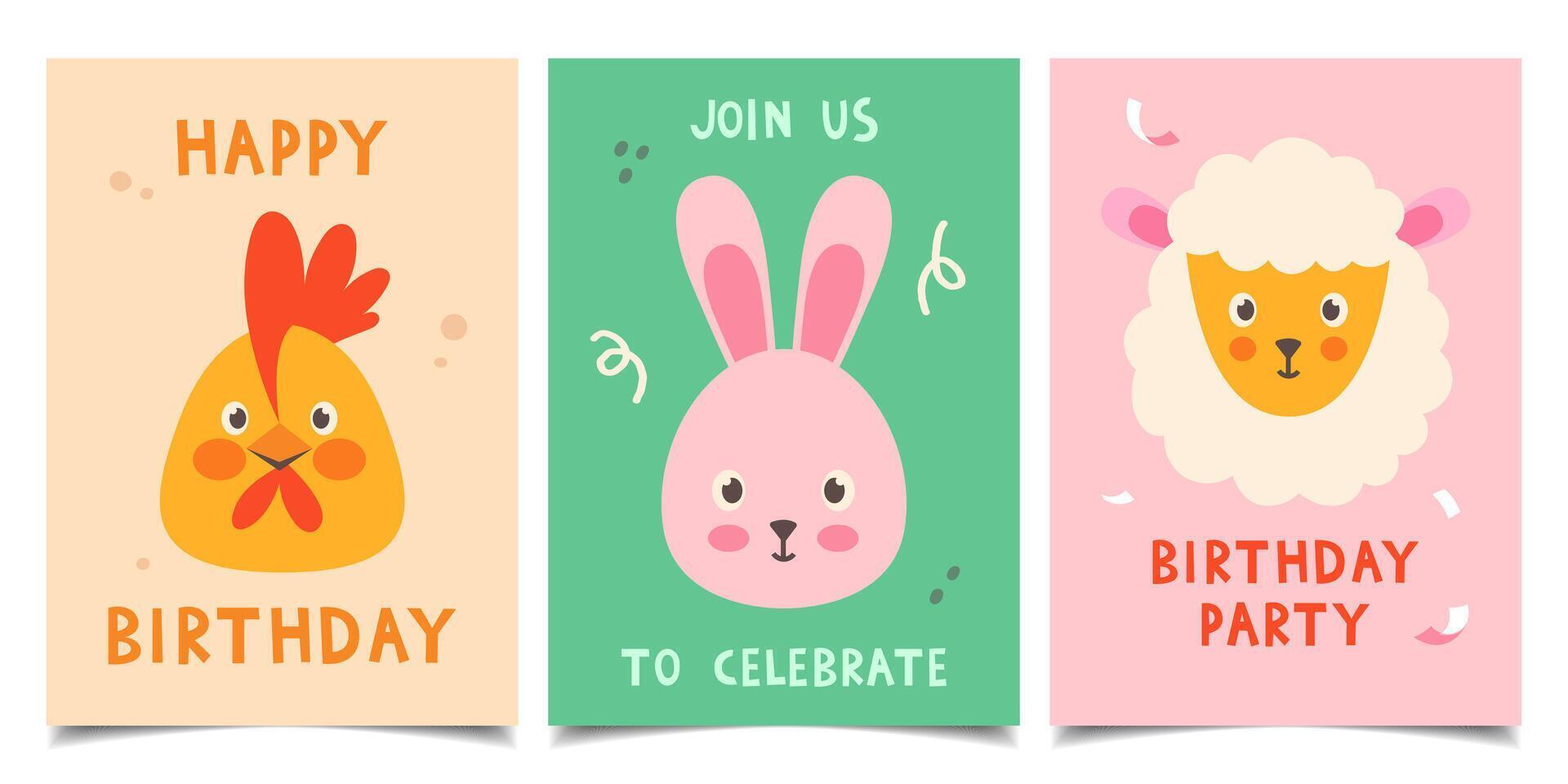 Set of children's birthday cards with hand-drawn animals vector