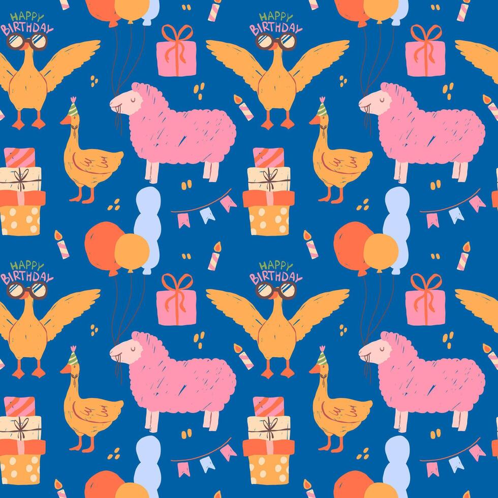 Seamless birthday pattern with hand drawn animals vector