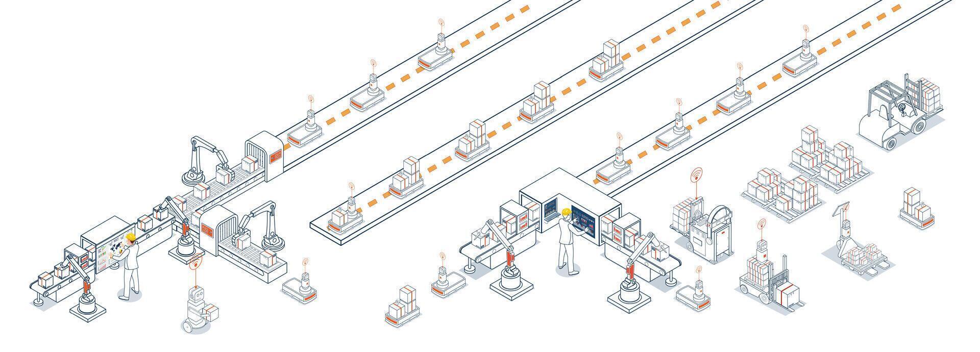 Smart Warehouse Technology and Industry 4.0. Utilizing AGVs and AMRs for efficient automated material handling vector