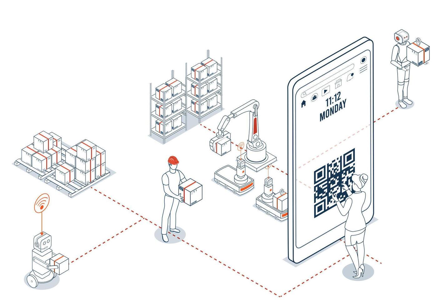 Woman scans QR code on phone to make an online purchase. Features digital payment and efficient delivery logistics with tracking capabilities. vector