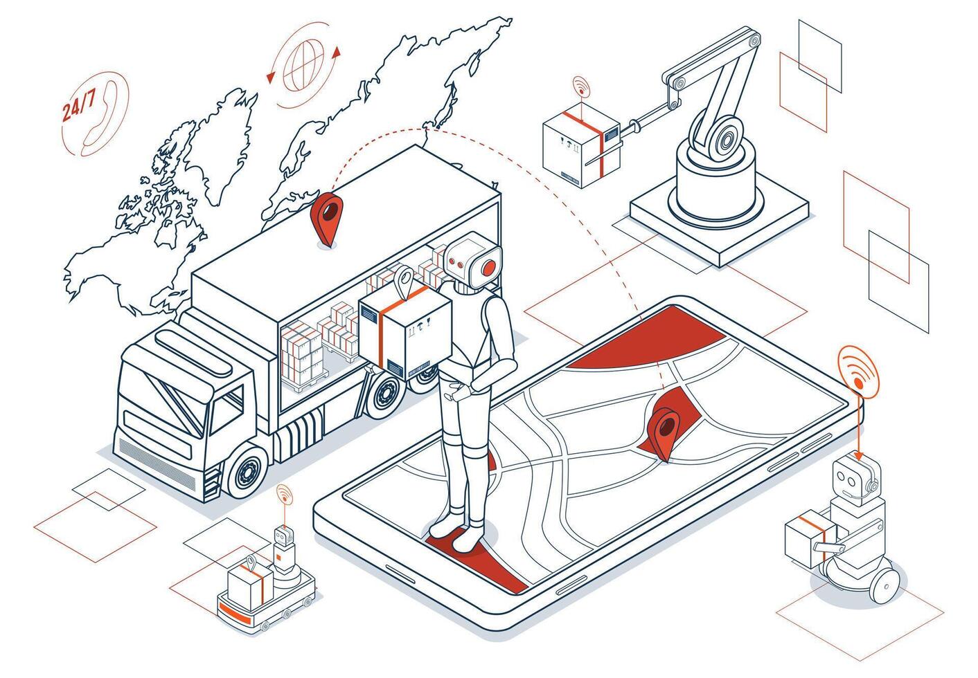 Smart Logistics. A global automated delivery system integrating export, import, cargo tracking, robotics, and wireless technology through cloud computing for innovative transportation solutions. vector