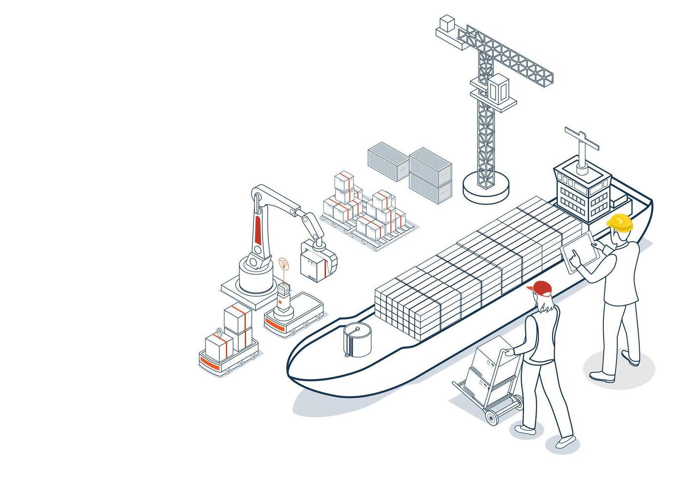 Container ship transportation for global cargo movement through maritime logistics and shipping networks. vector