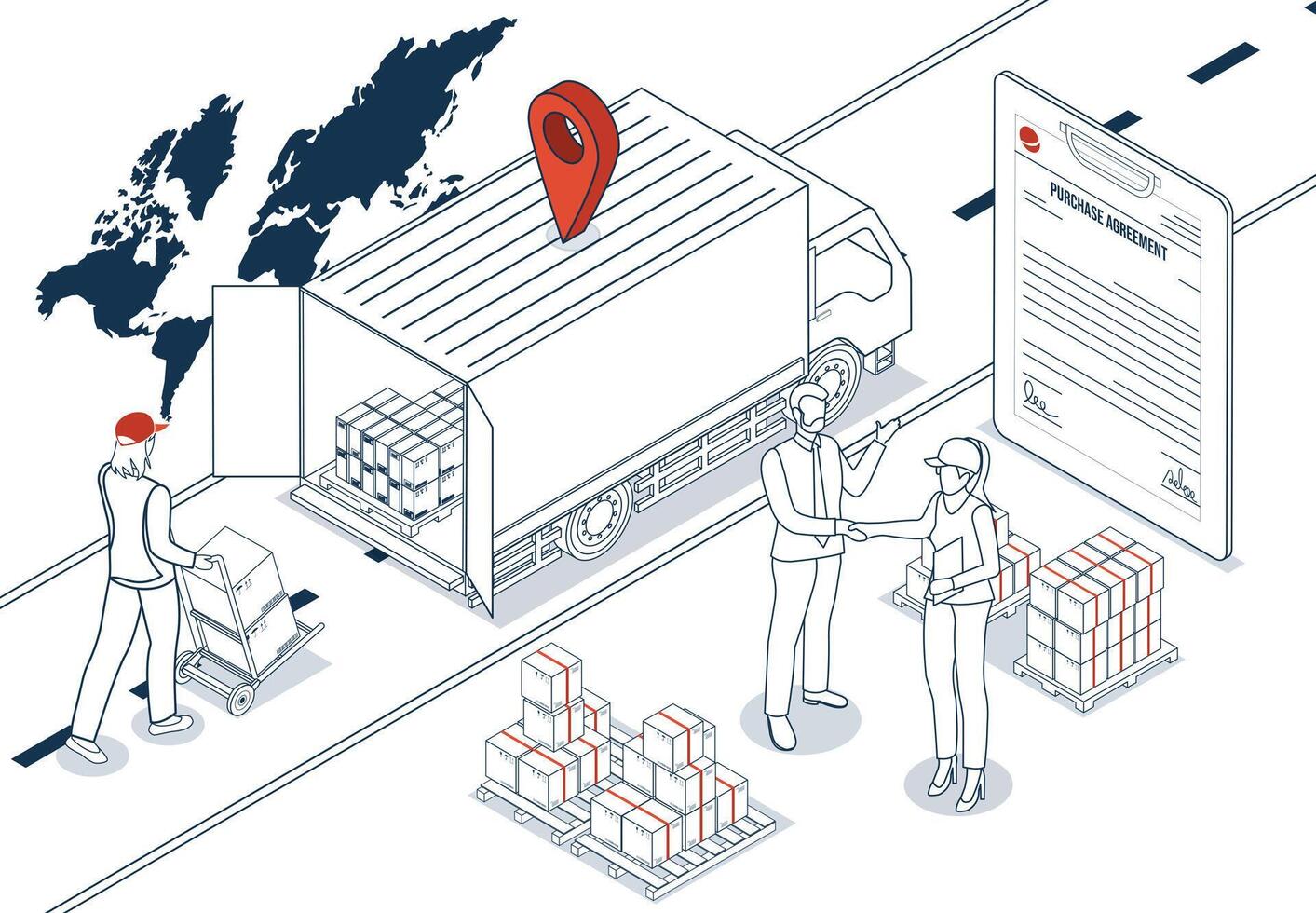 Export and Import Business concept shown through a business handshake over contract documents at a container terminal. vector