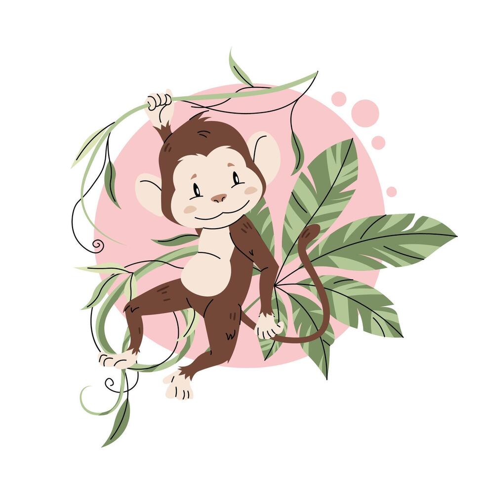 Cute monkey hanging on a liana on a white background. illustration of an African animal vector