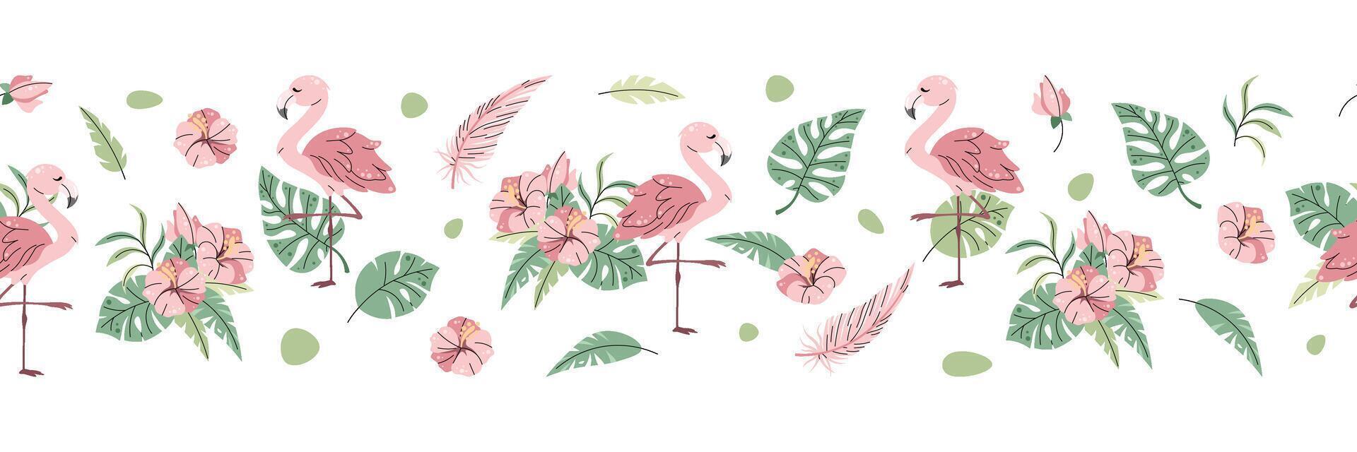 Horizontal seamless border with Cute flamingo with hibiscus and palm leaves. repeating illustration of African animal for kids wallpaper, tape, fabric etc. vector