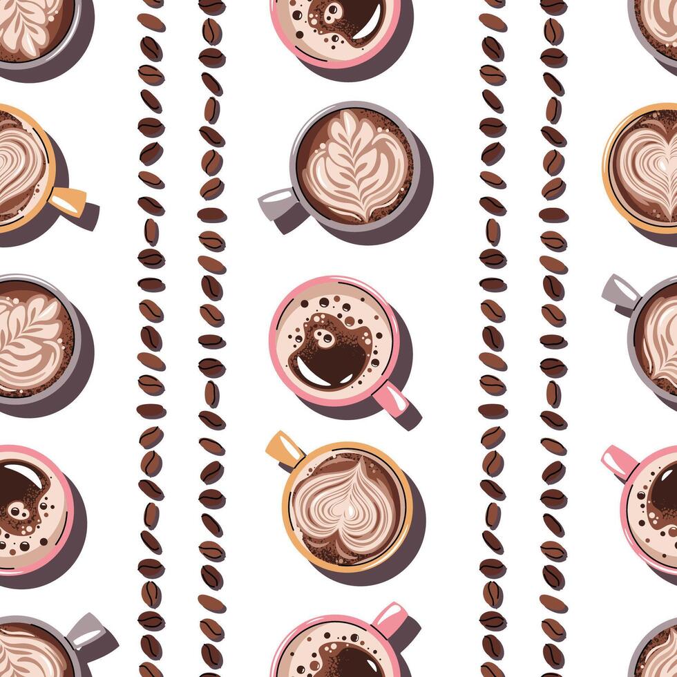 Seamless pattern with a cup of coffee and coffee beans. Repeating texture with hot coffee vector