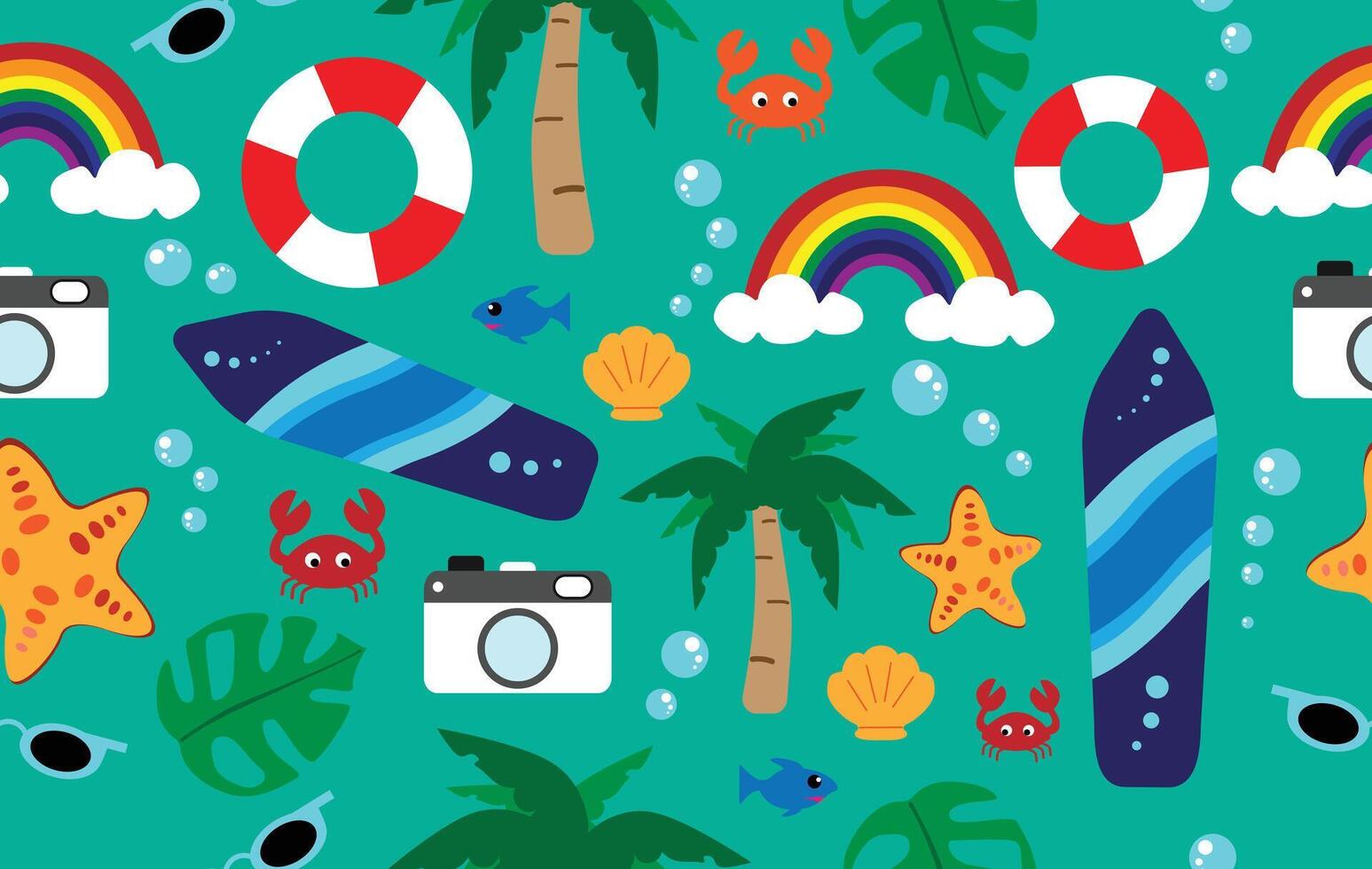 Summer pattern seamless fabric summer season. beach elements on green background. Designed for summer pattern vector