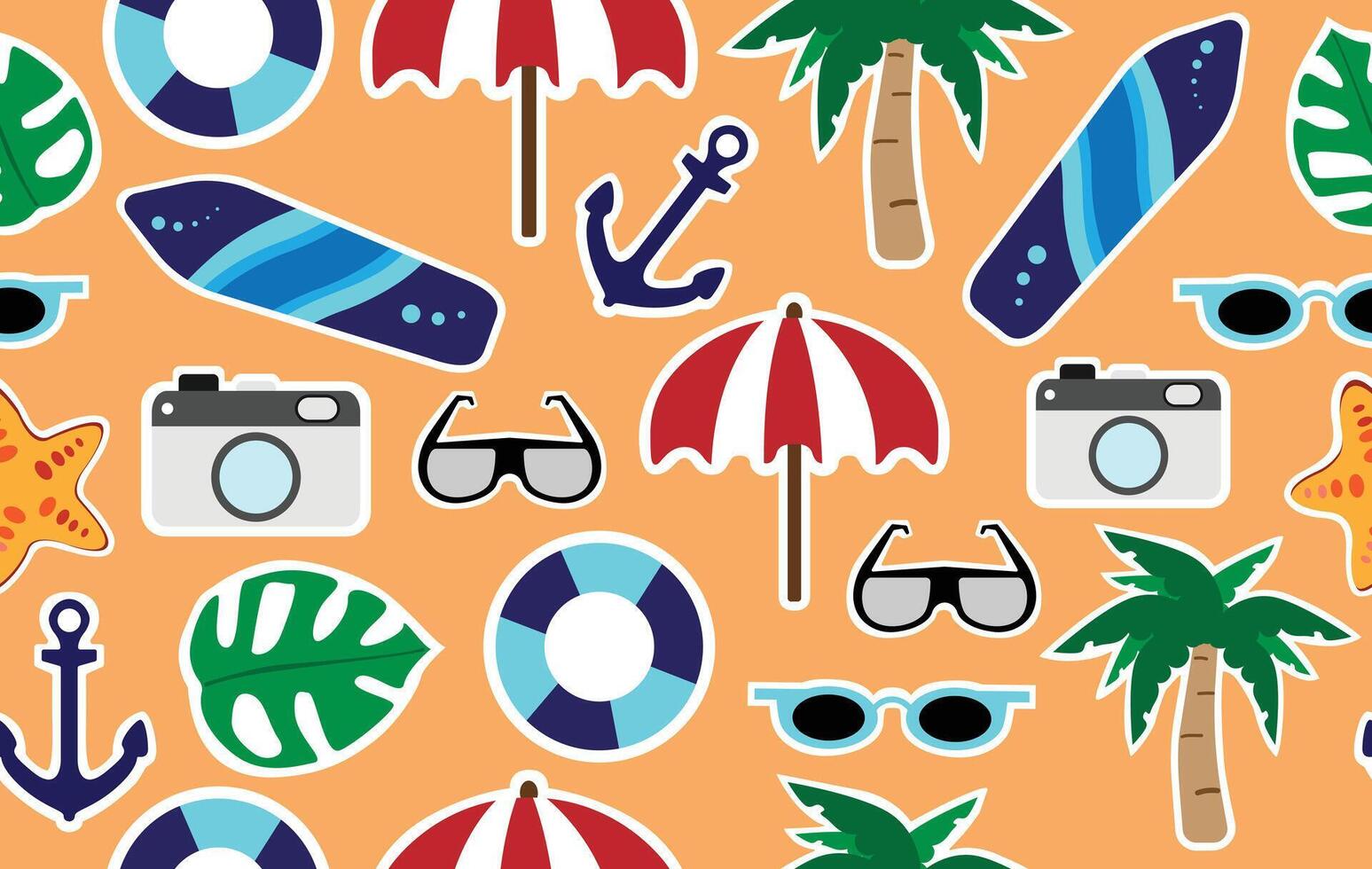Summer pattern seamless fabric summer season. sticker beach elements on sand background. Designed for summer pattern vector