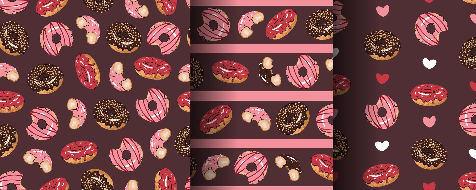 Set of Seamless patterns with glazed donuts. Repeating texture with delicious dessert for fabric, wallpaper vector