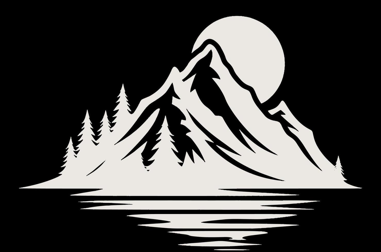 A mountain with trees and a full moon vector