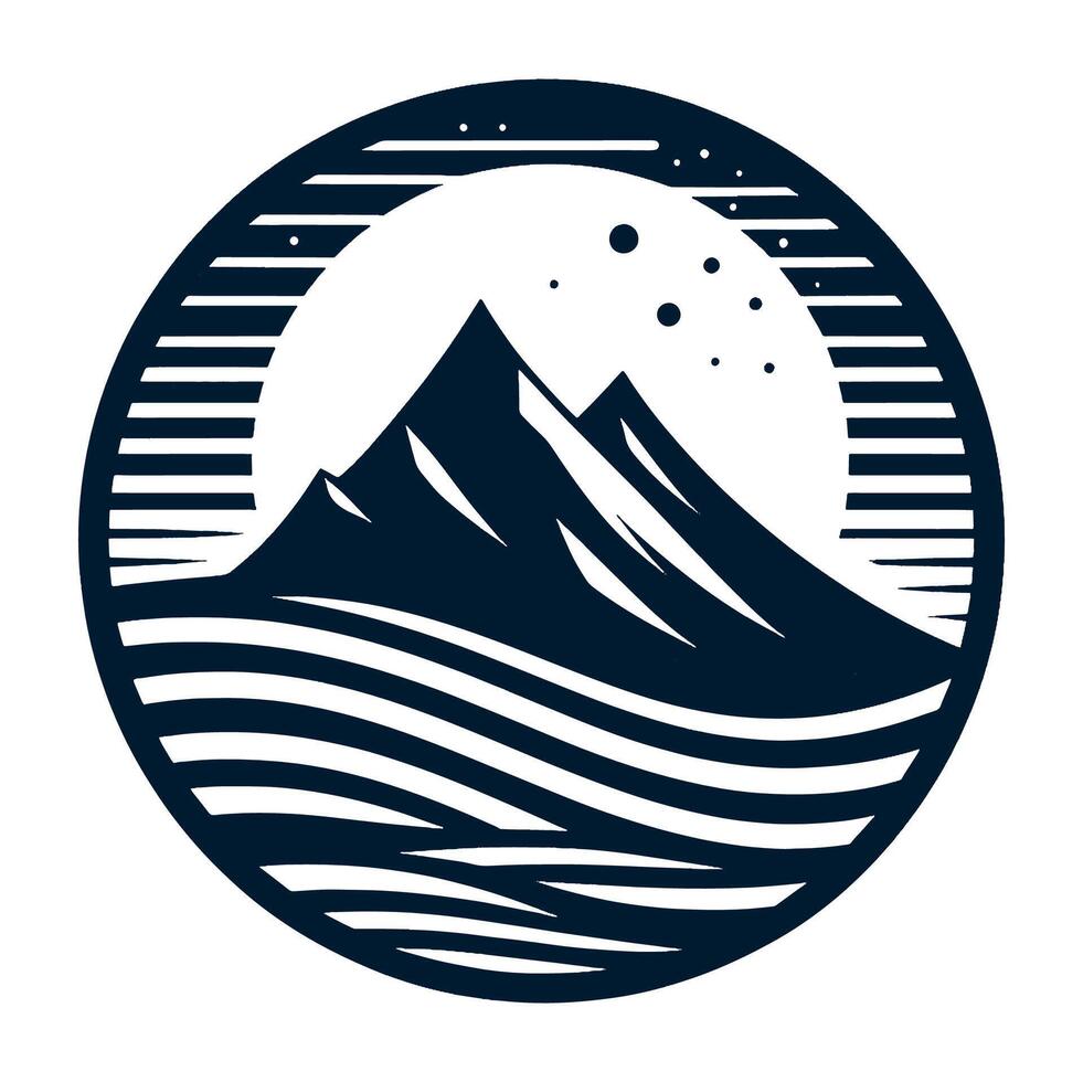 Mountains and waves in a circular design on white. vector
