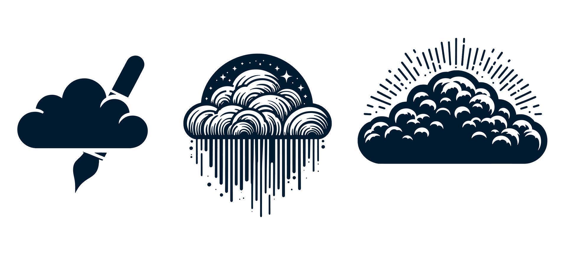 Clouds, rain, and lightning icons set vector