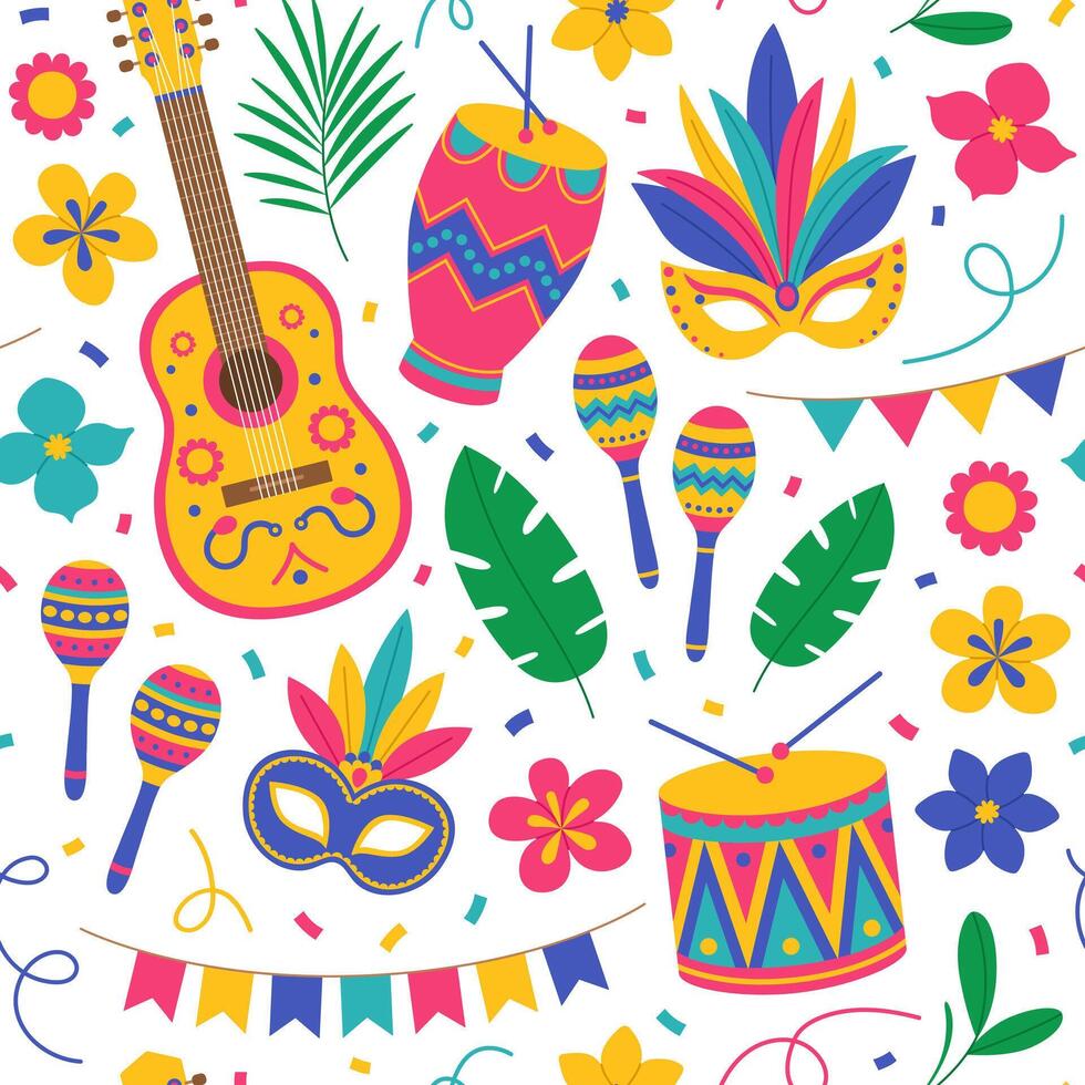 Brazil Carnival seamless pattern with guitar, maracas, drums, masks with feathers, flowers, leaves, garlands and confetti on white background. Music festival. Flat illustration for wallpaper vector