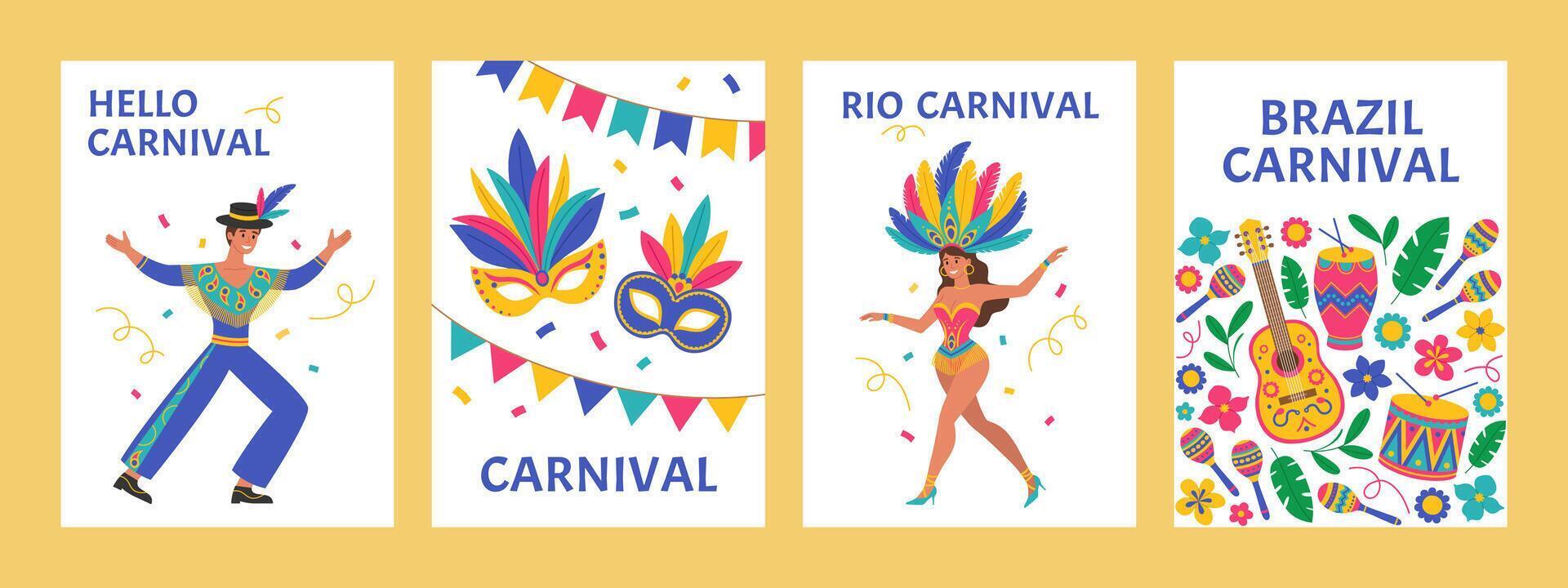 Brazil Carnival vertical banners set with man and woman in costumes, masks with feathers, garlands, confetti, musical instruments, flowers and leaves. Festival design. Flat illustration vector