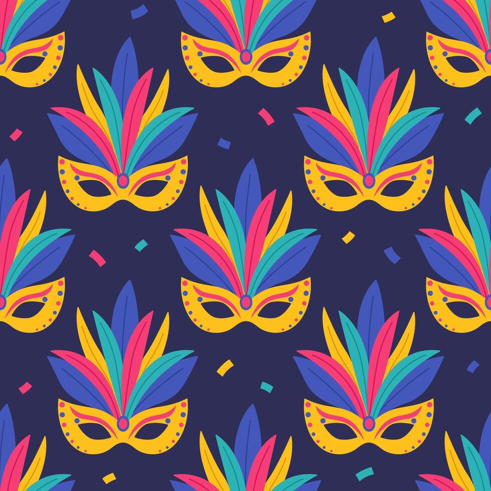 Seamless pattern with yellow carnival masks with feathers on blue background. Masquerade accessory. Masque for Brazil or Venetian carnival. Flat illustration for wallpaper, textile, packaging vector