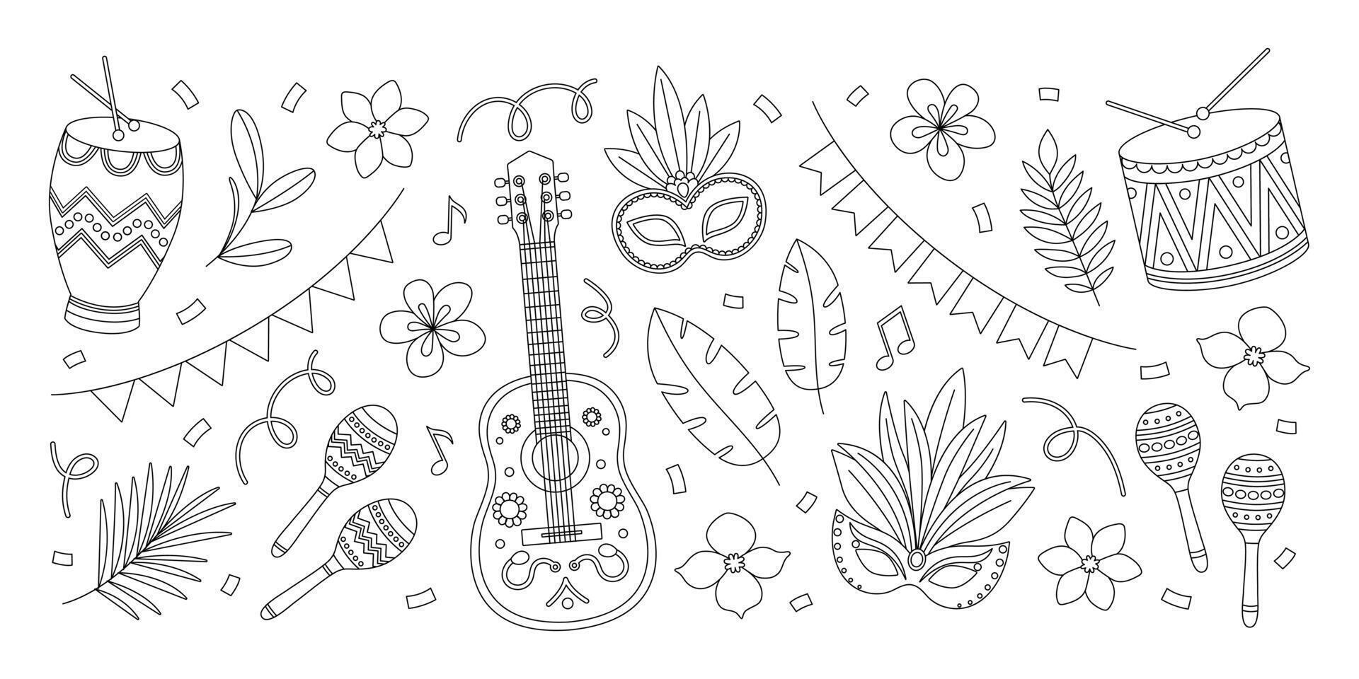 Brazil Carnival coloring page. Outline set with guitar, maracas, drums, masks with feathers, flowers, leaves, garlands and confetti. Contour festival elements collection. Coloring book for print vector