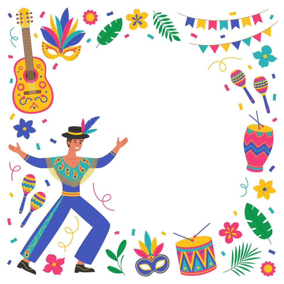 Brazil Carnival frame with man in hat with feathers, guitar, maracas, drums, masks, flowers, leaves, garlands and confetti. Music festival. Flat illustration for banner, poster vector