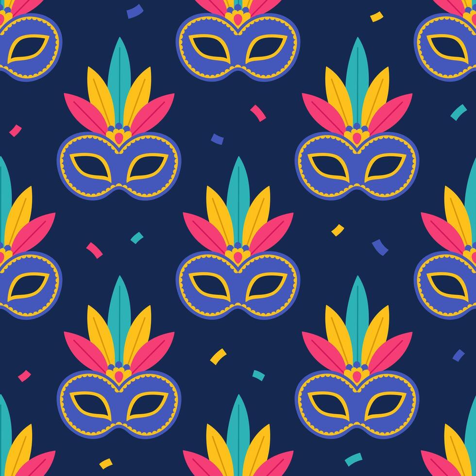 Seamless pattern with blue carnival masks with feathers on blue background. Masquerade accessory. Masque for Brazil or Venetian carnival. Flat illustration for wallpaper, textile, packaging vector