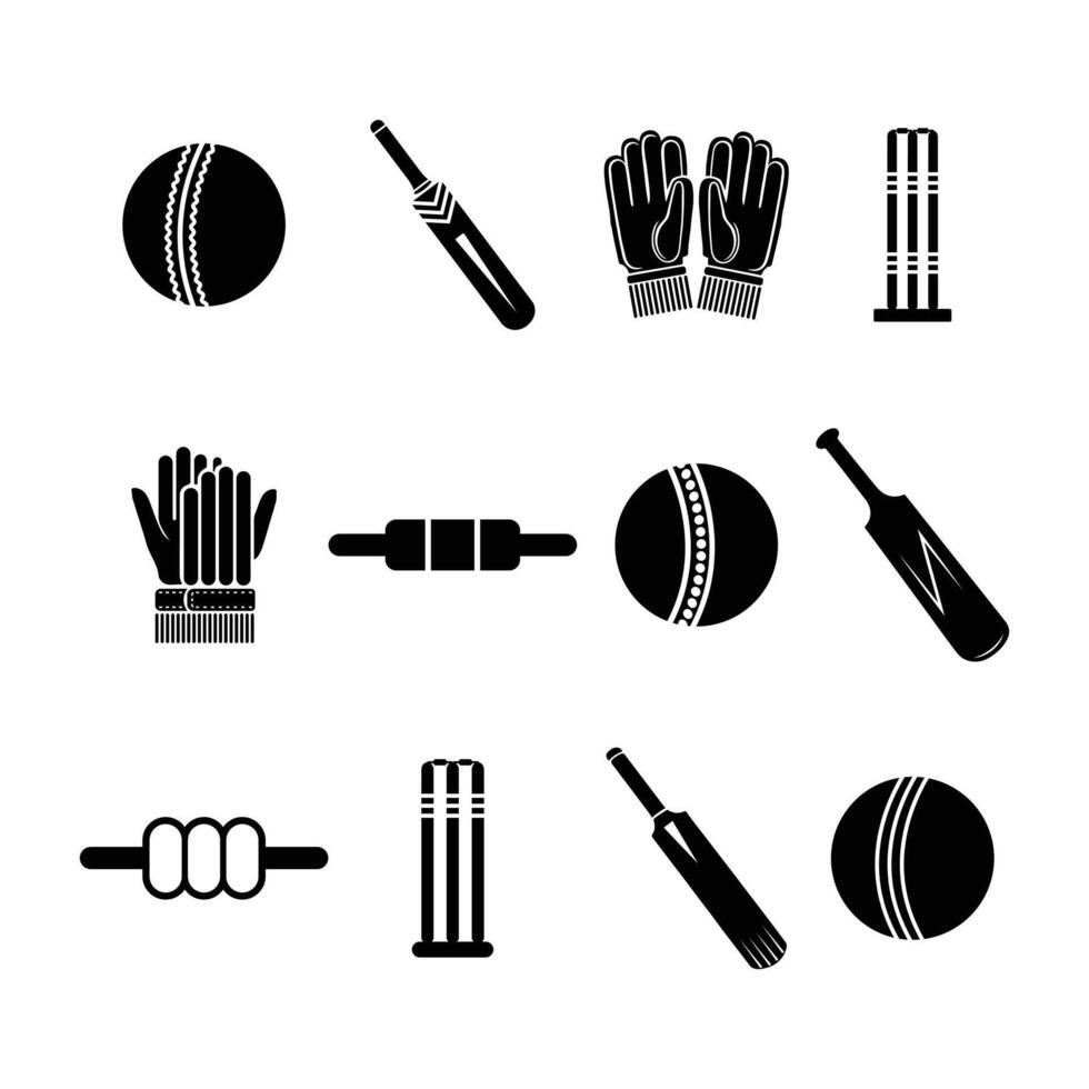 Cricket Equipment set, Cricket game kits silhouette icon vector
