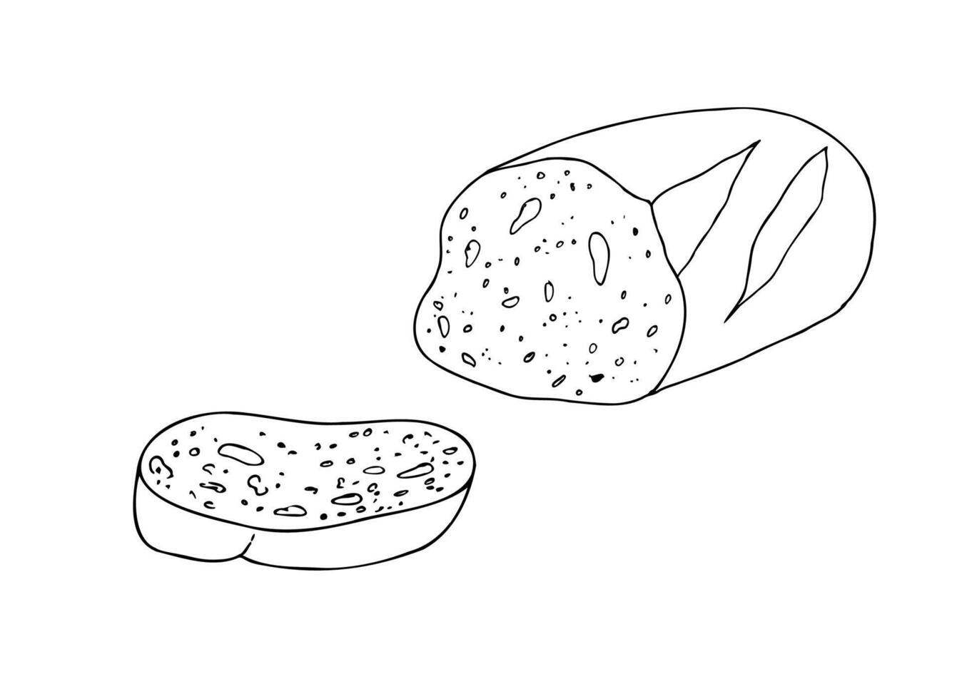 slice of bread, bakery. Graphic ink loaf food, whole grain bread, ciabatta, brown homemade, baguette. Bun illustration isolated on background. Hand drawn line sketch. For designers, prints vector