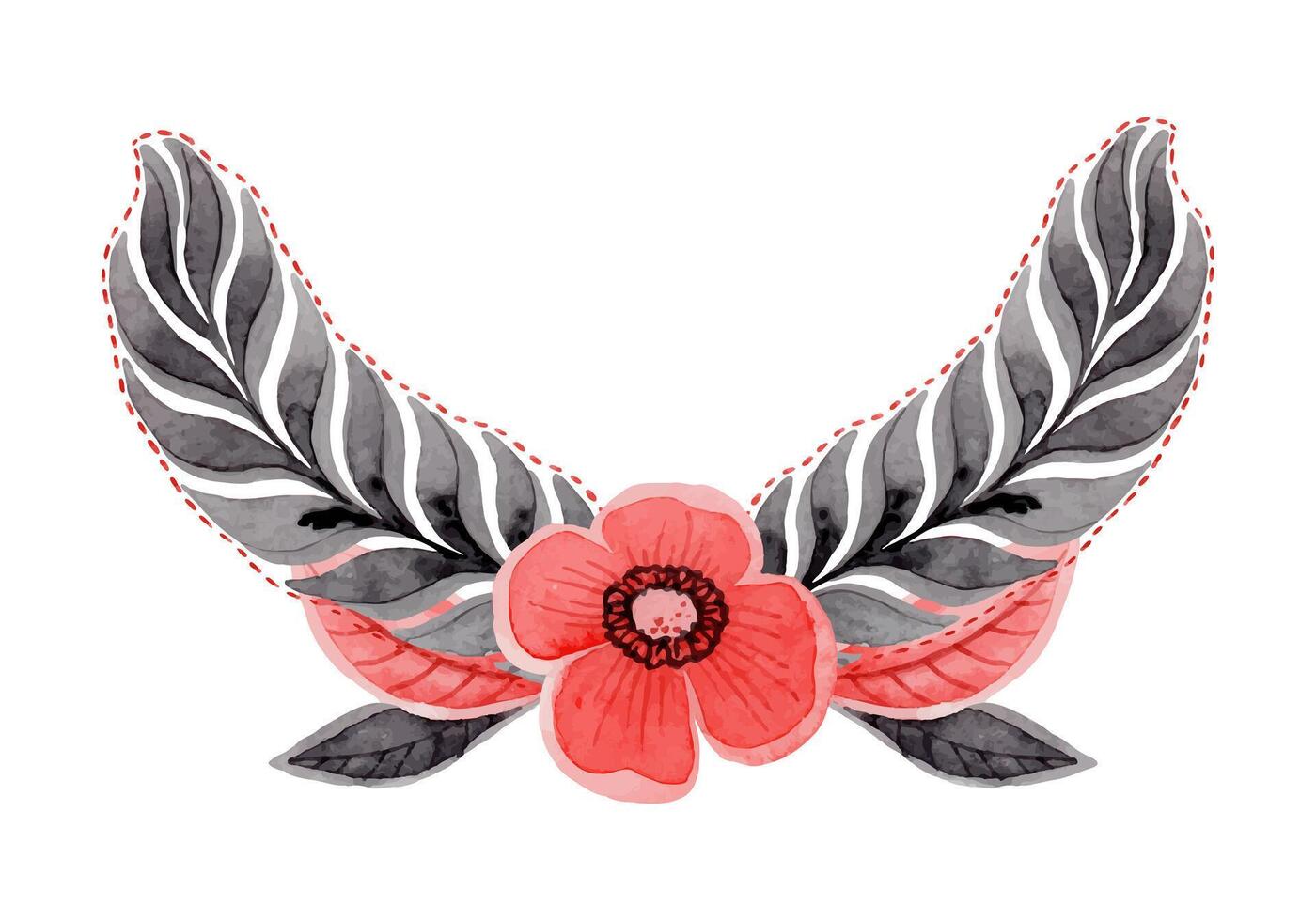 Half round composition with feather in folk style. Stylized illustration in red and gray colors for wedding invitation creating. Hand drawn arrangement is perfect for romantic and love designs. vector