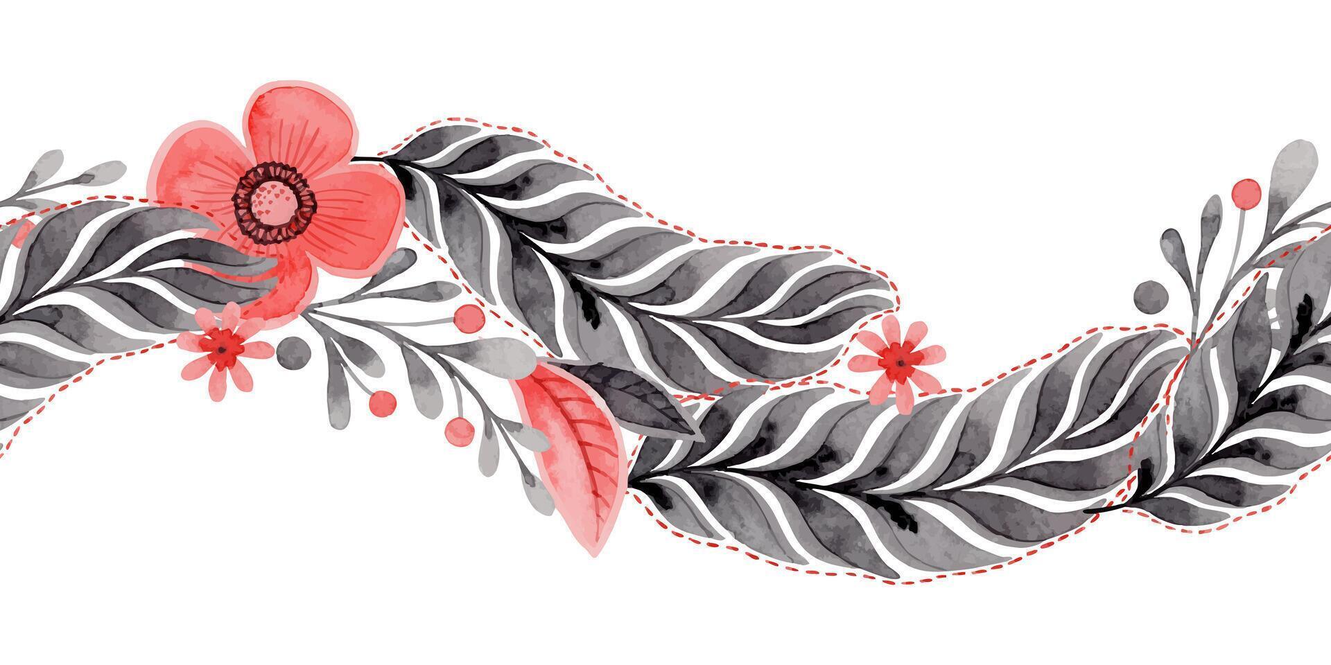 Seamless border with flower and feather in folk style. Stylized illustration in red and gray color for wedding invitation creating. Hand drawn composition is perfect for romantic and love designs. vector