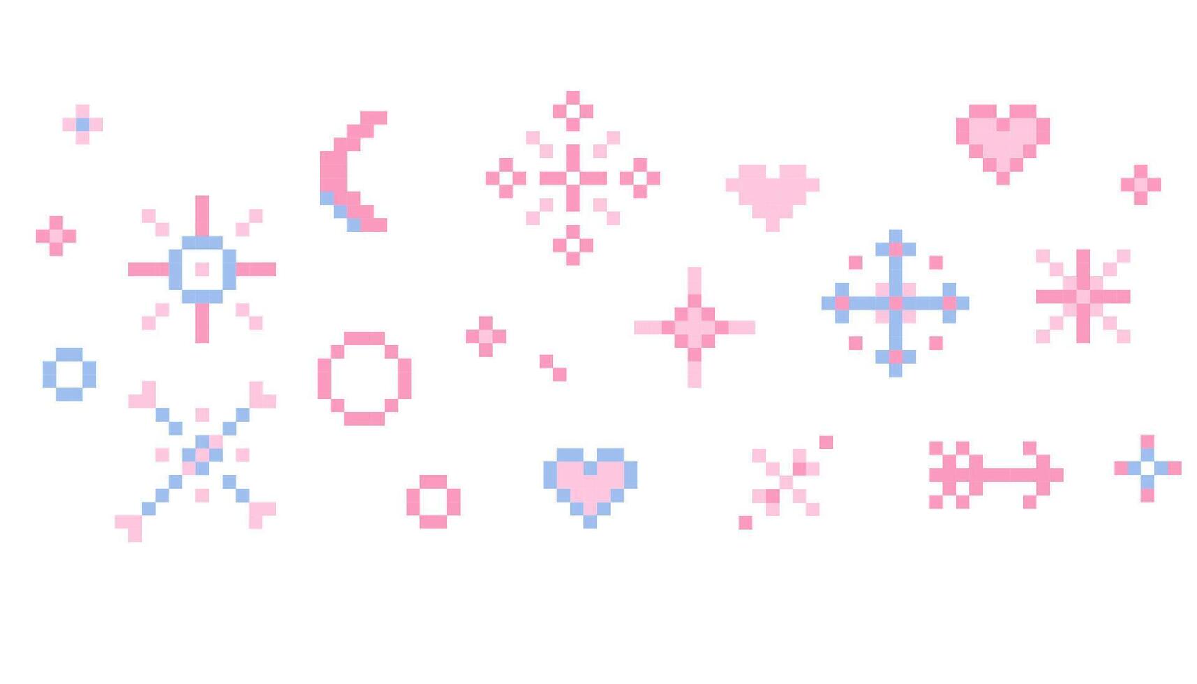 Pixel star sparkle cute retro 8 bit sparkle set. Shiny pink game pixel art effect set. Firework burst, arrow, space decoration. 90s aesthetics, y2k vector