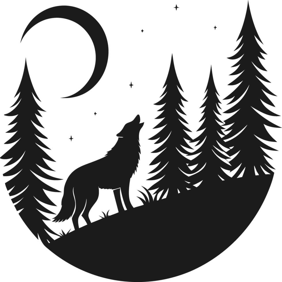 Wolf Howling at Moon Pine Trees Night Sky Stars Black and White Silhouette Minimalist Design Nature Scene vector