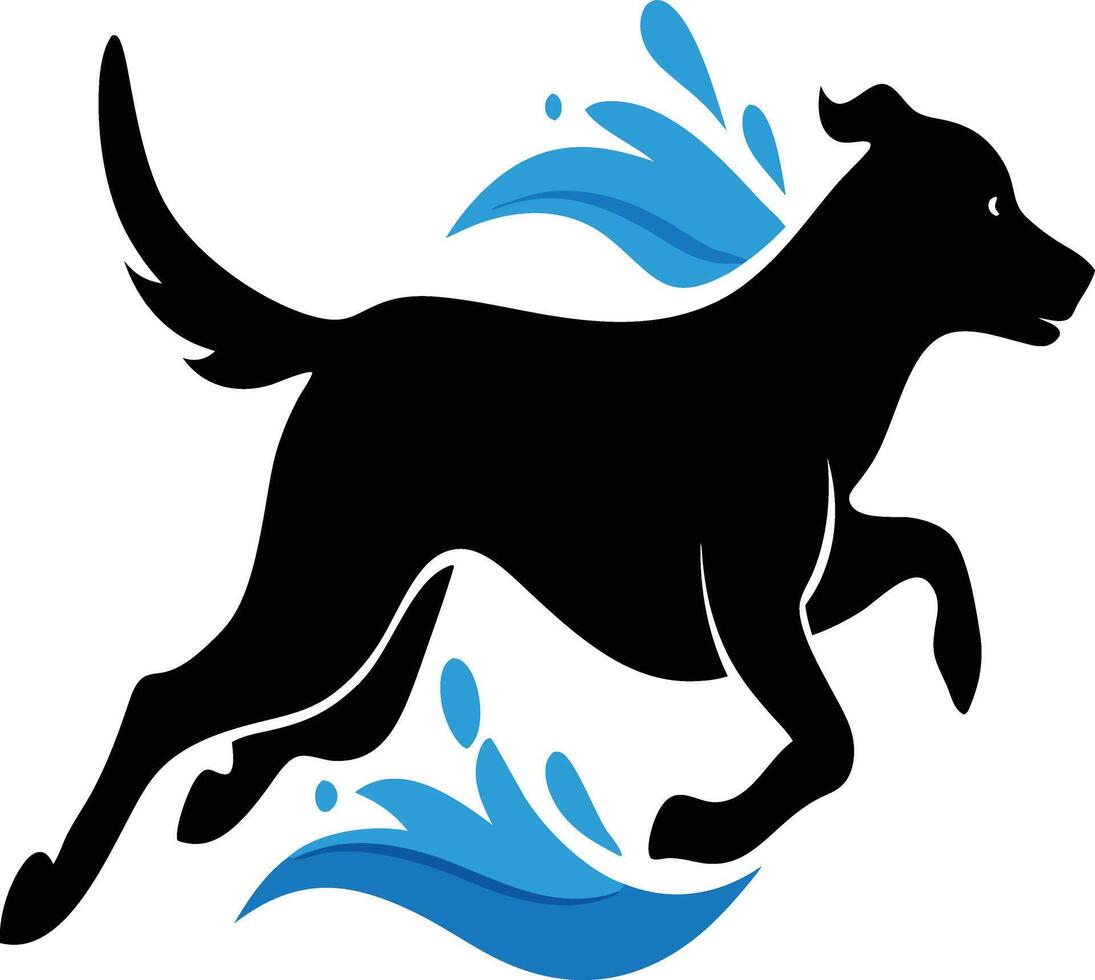 Dog Silhouette Running Water Splashes Blue Waves Dynamic Pose Minimalist Design Stylized Logo Graphic Pet Care Aquatic Theme vector