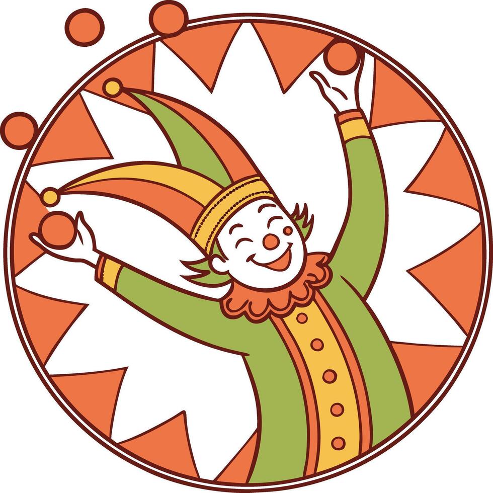 Cartoon Jester Colorful Fool Juggling Medieval Style Art Playful Pose Festive Mood vector