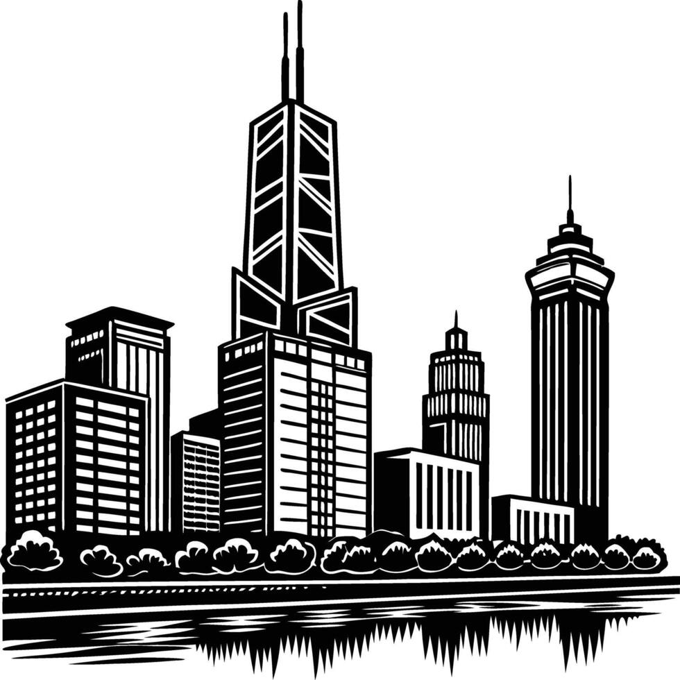 New York City Skyline Silhouette One World Trade Center Black White Urban Landscape Minimalist Skyscrapers Modern Architecture Art vector