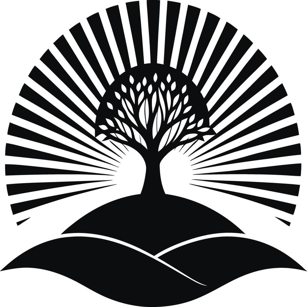 Black and White Tree of Life Sunburst Illustration Geometric Minimalist Logo Design vector