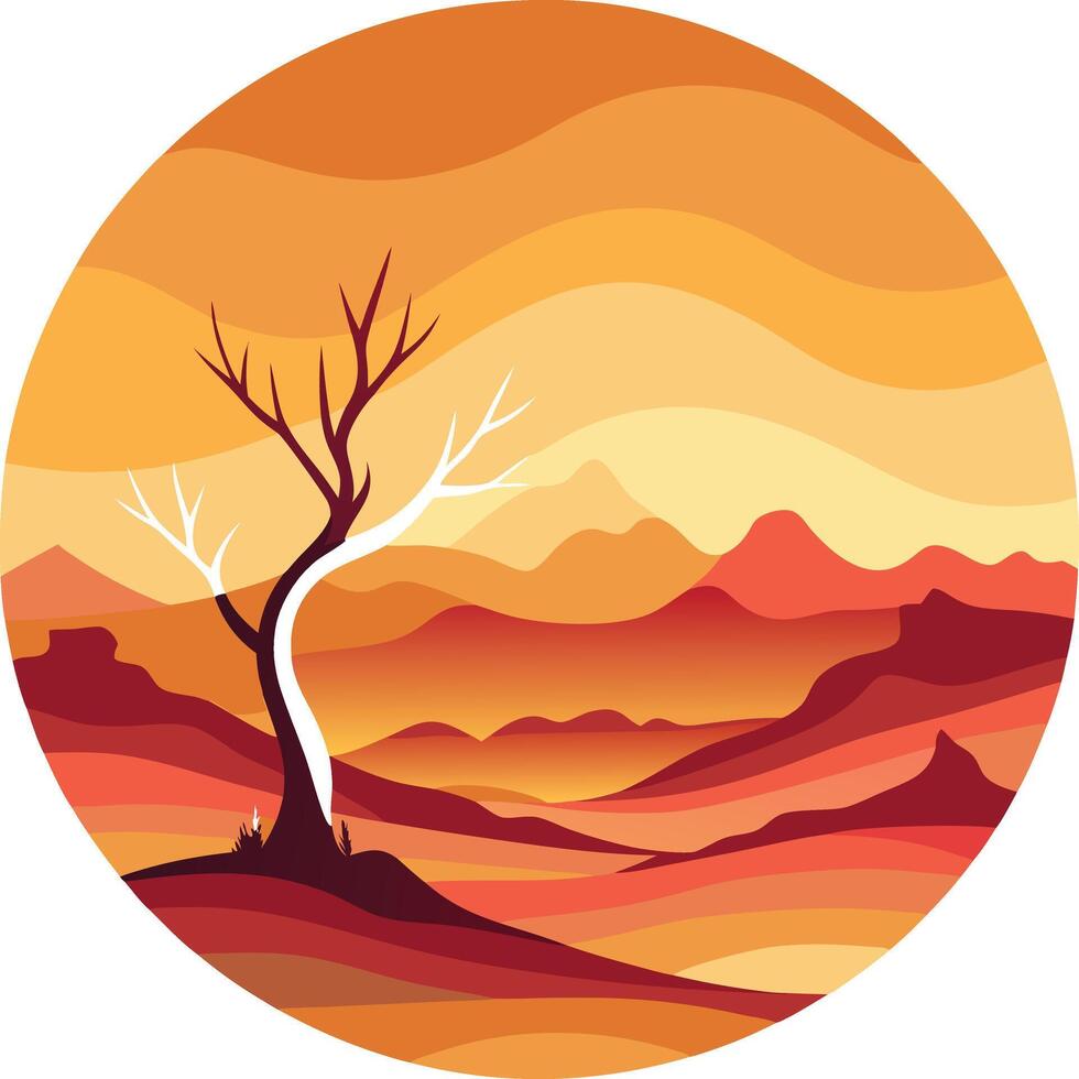 Minimalist Desert Landscape Circular Composition Stylized Tree Silhouette Sunset Sky Warm Color Palette Geometric Shapes vector