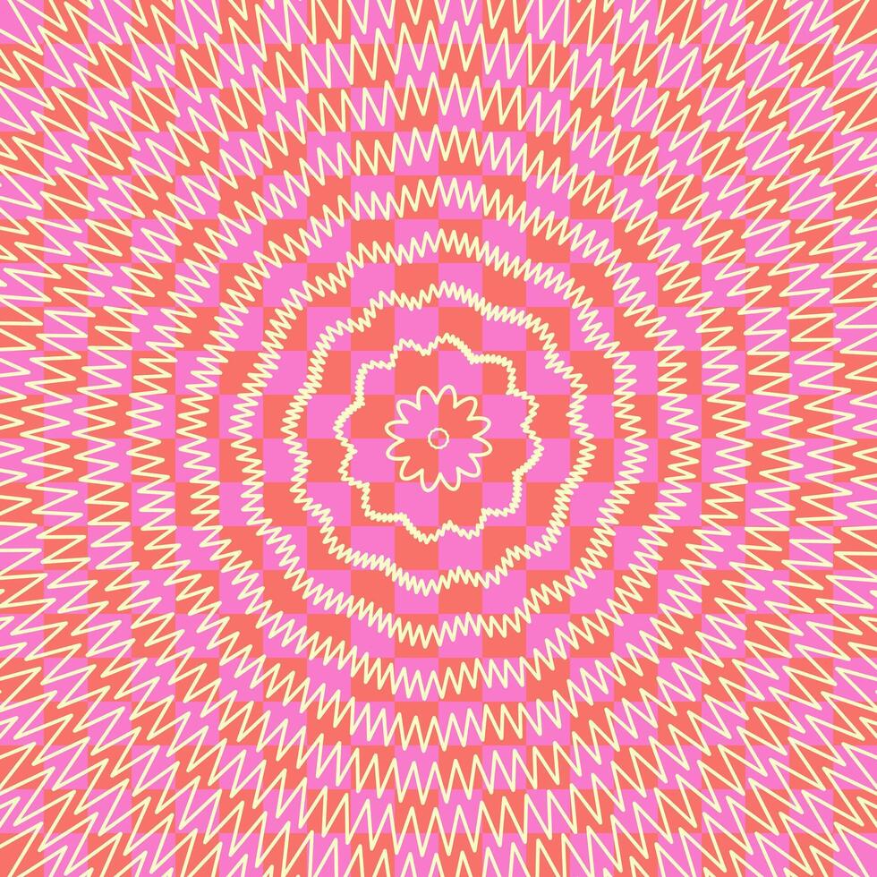 Vibrant abstract geometric pattern with concentric zigzag lines and radial symmetry in pink, orange, and cream colors. Perfect for textiles, wallpapers, backgrounds, and digital designs. vector