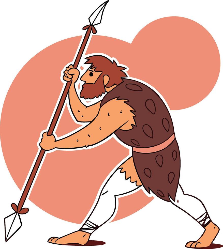Cartoon Caveman Spear Wielding Primitive Hunter Bearded Character Prehistoric Era Action Pose Art vector