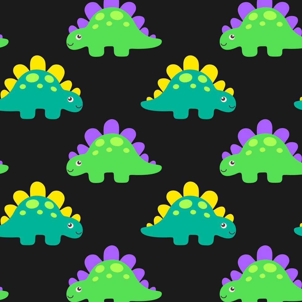Seamless pattern with cute cartoon stegosaurus dinosaurs on a black background. Bright and playful prehistoric reptile design for kids textiles, wallpapers, wrapping paper, and decorations. vector