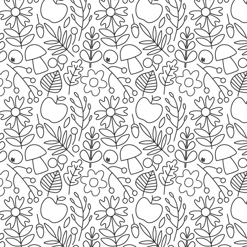 Seamless hand drawn floral pattern with leaves, flowers, mushrooms, apples, and acorns in black outline. Perfect for coloring pages, textiles, and design projects. vector
