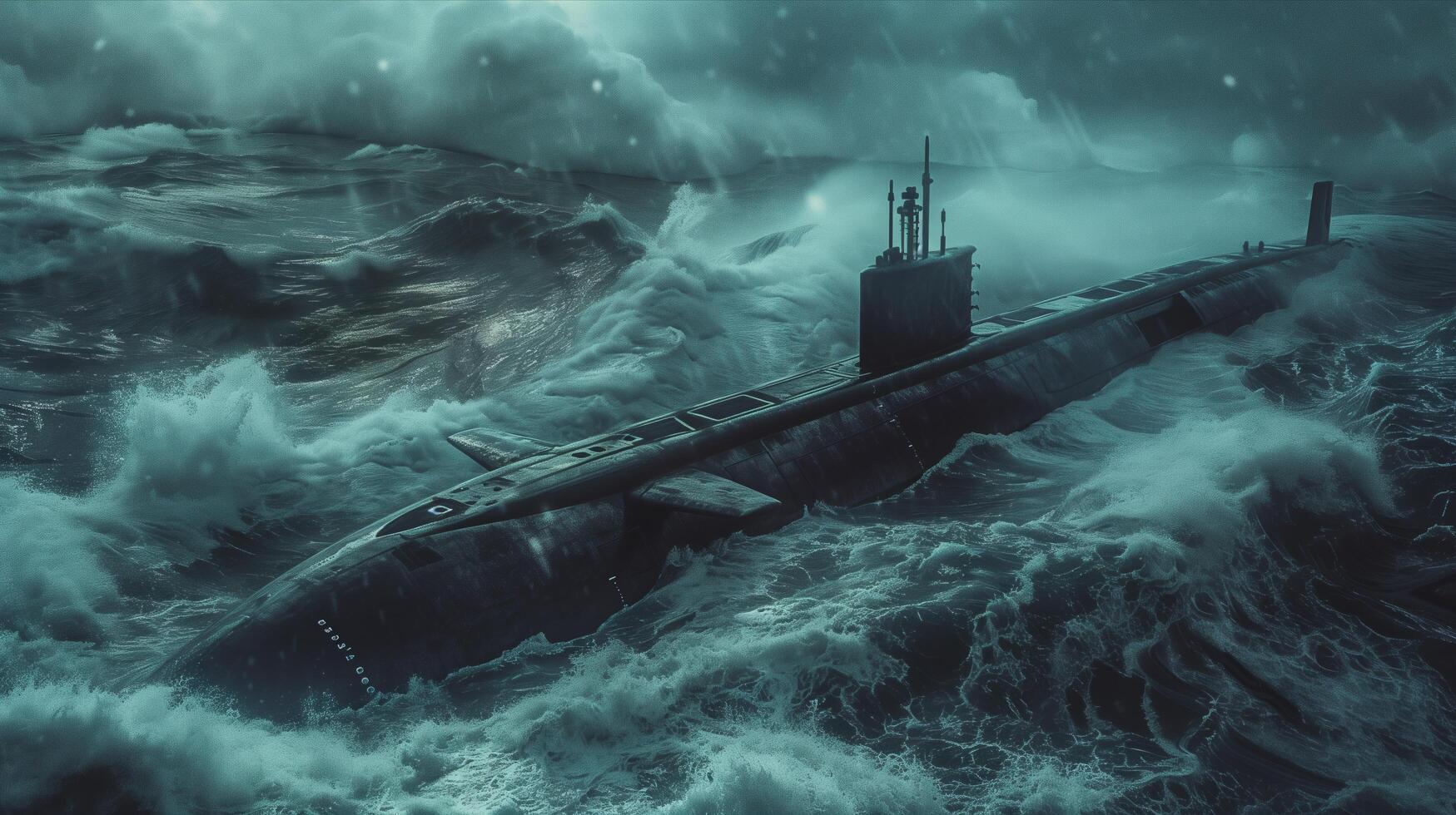 A submarine in the ocean with waves and stormy weather photo